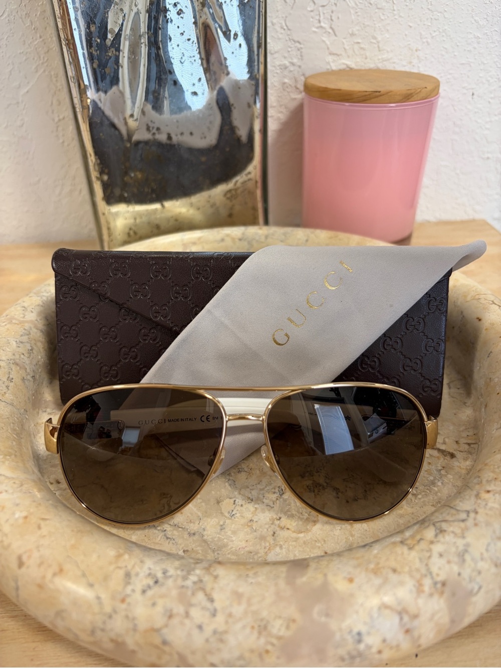 Gucci Gold Frame Brown Lens Aviator Sunglasses with Case